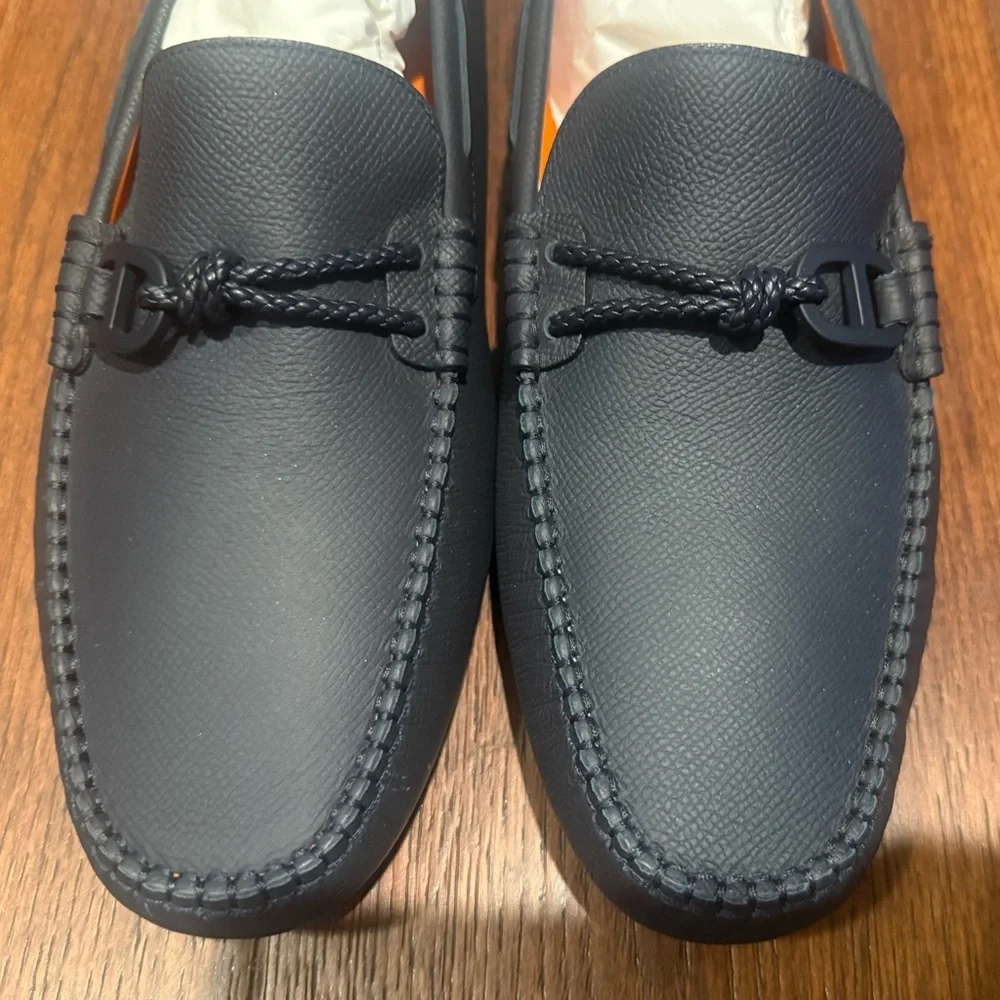 AUTHENTIC MENS HERMES ALLESANDRO LEATHER LOAFERS, SIZE US 9.5, NAVY - Picture 3 of 15